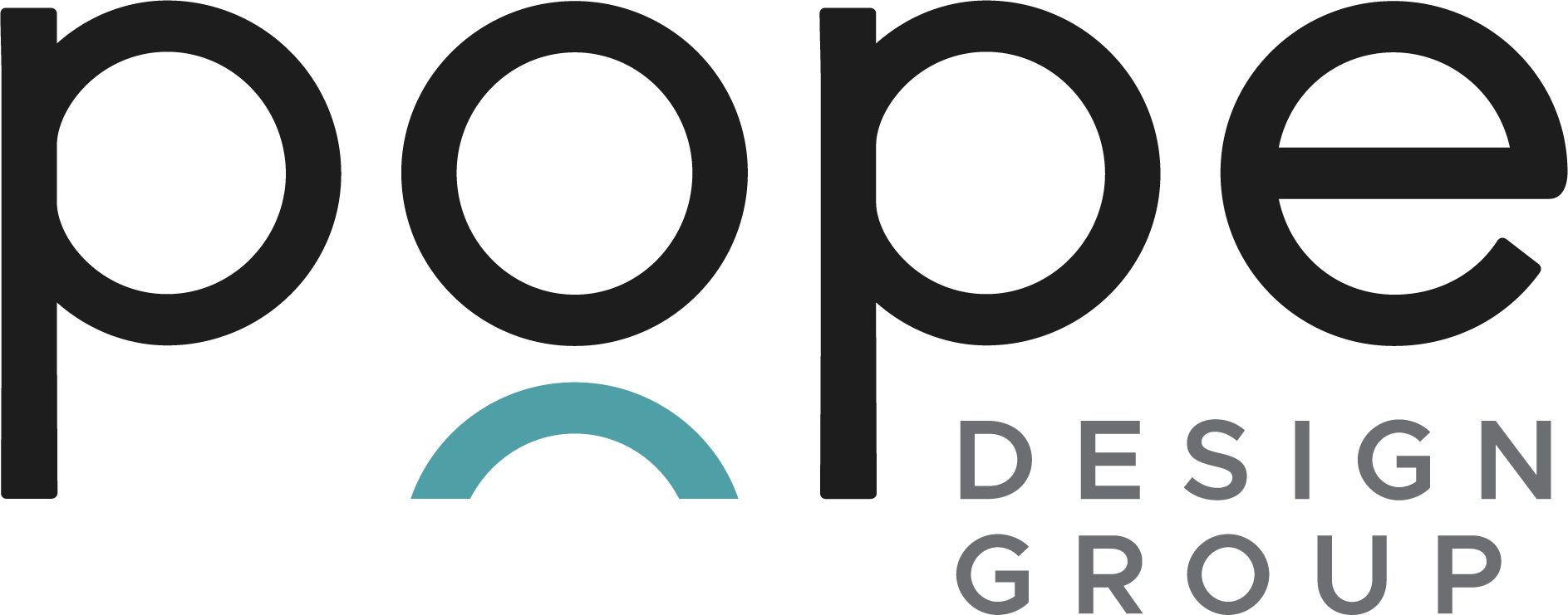 Aeon Affordable Homes The Pope Design Group logo with bold black and gray text and a teal curved line under the "o".