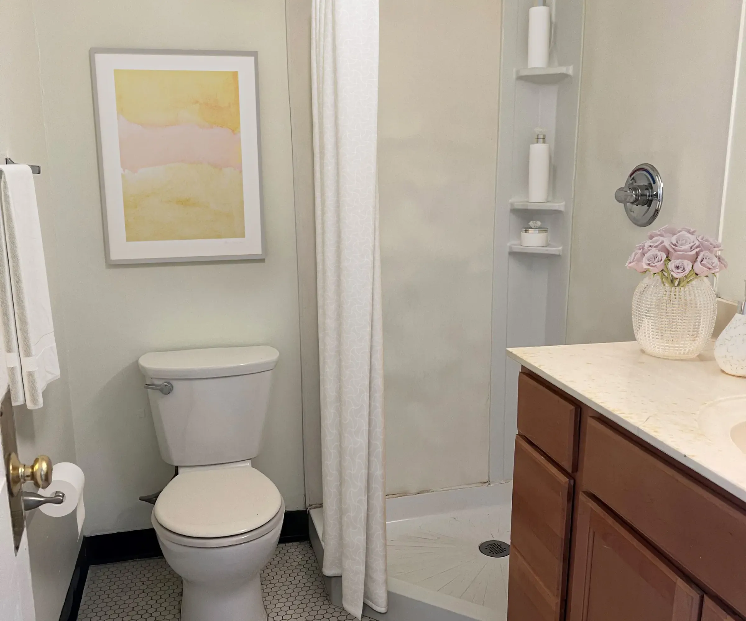 Aeon Affordable Homes and Community Affordable apartment homes featuring a bathroom with shower, toilet, wooden vanity, floral rug, and wall art.