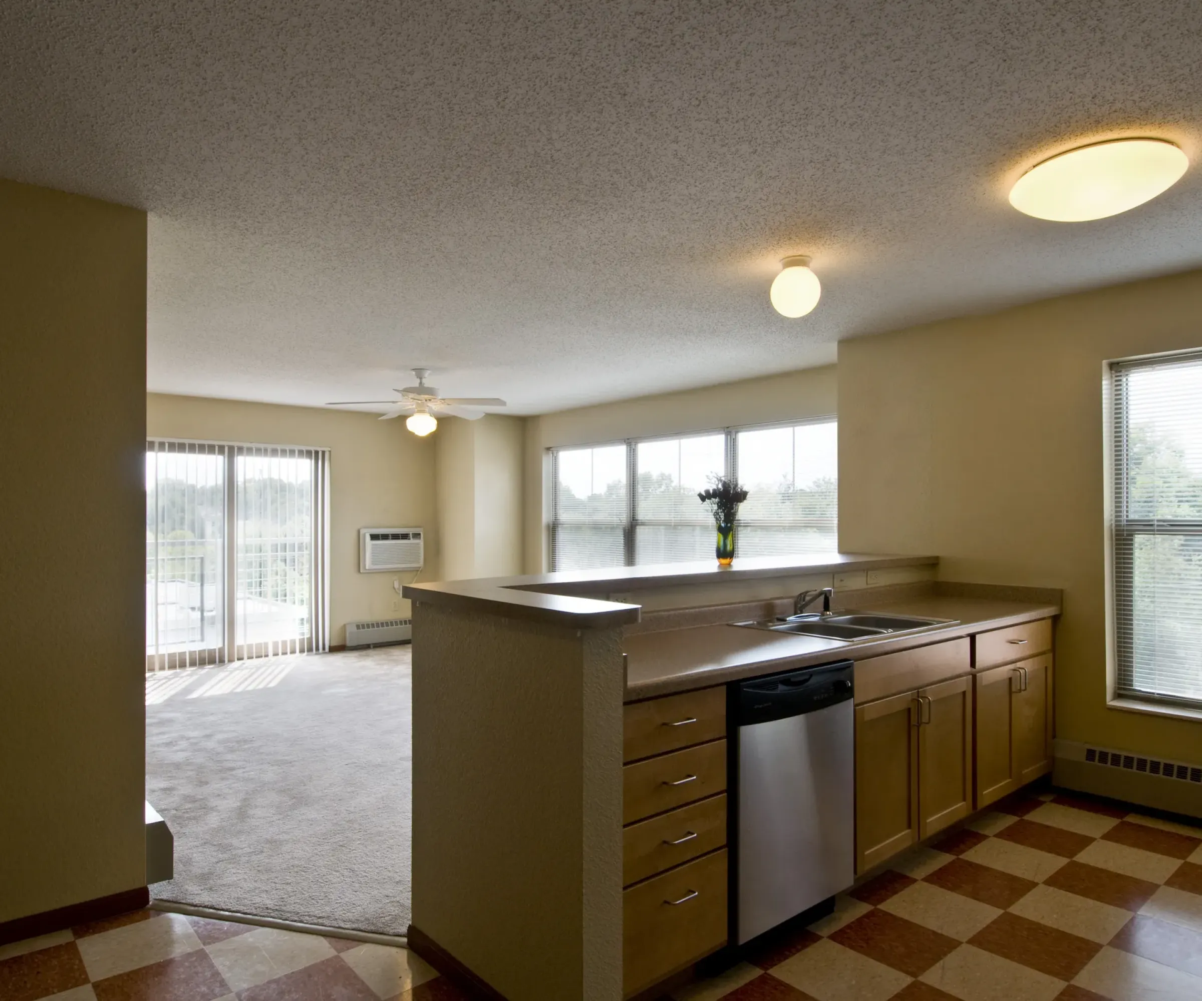 Aeon Affordable Homes and Community Modern kitchen with wooden cabinets and stainless steel appliances, part of our affordable apartment homes, leading to a bright living area.