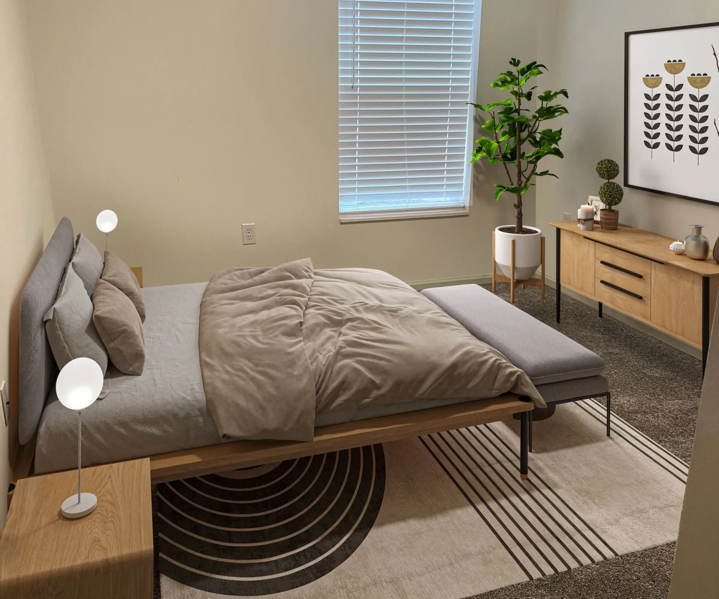 Aeon Affordable Homes and Community Minimalist bedroom in affordable apartment homes, featuring a bed, modern lamps, a rug, potted plant, dresser, and wall art in neutral tones.
