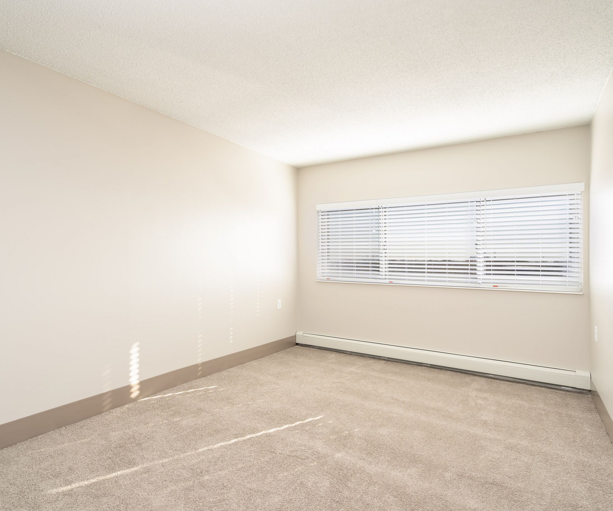 Aeon Affordable Homes and Community An affordable apartment home with a beige room, carpet, and a large window with blinds letting in bright sunlight.