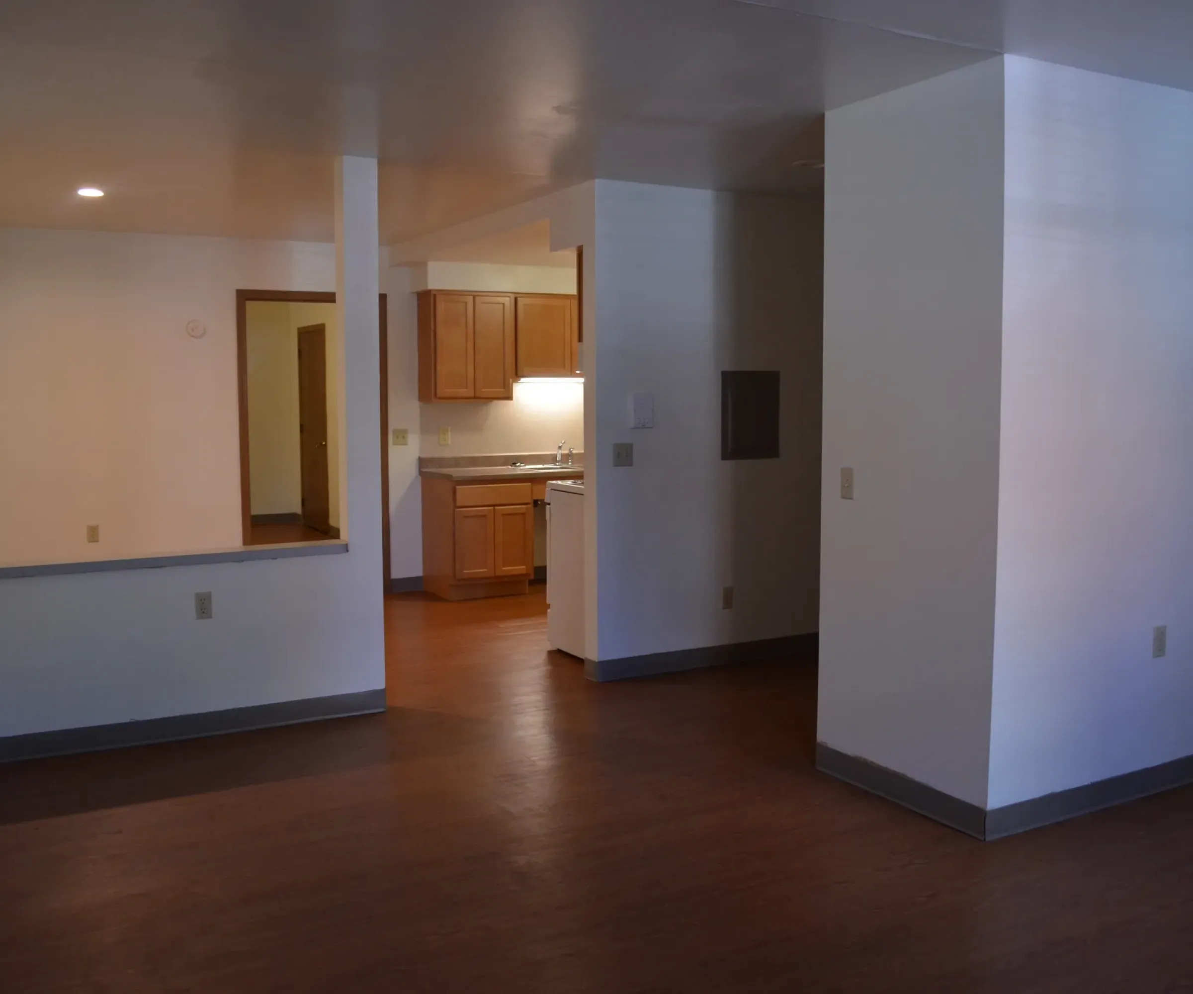 Aeon Affordable Homes and Community Spacious and affordable apartment home with wooden floors, white walls, and an open kitchen featuring light wood cabinets in the background.