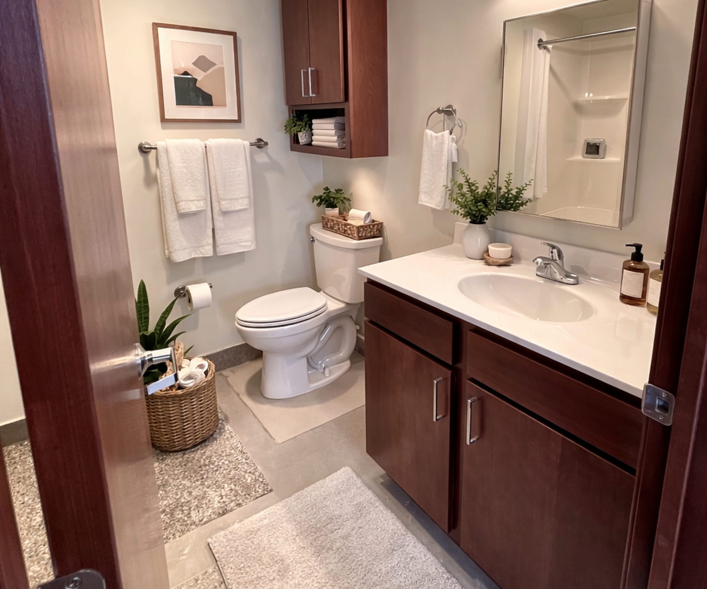 Aeon Affordable Homes Modern bathroom with wooden cabinets, a toilet, towels, plants, and a large mirror above the sink.