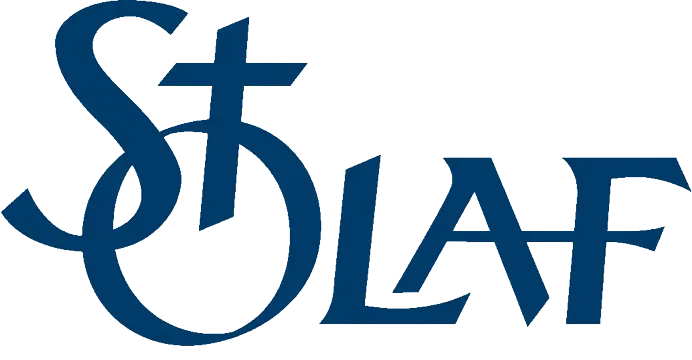 Aeon Affordable Homes St. Olaf logo with a cross integrated into the letter "O," written in blue text.