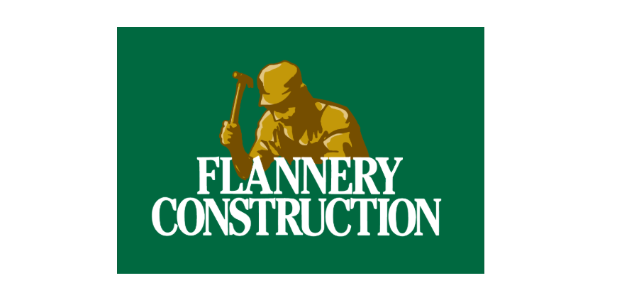 Aeon Affordable Homes Logo of Flannery Construction with a yellow figure using a hammer above the company name on a green background.