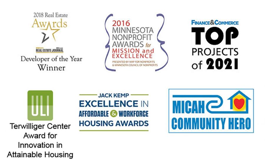 Aeon Affordable Homes and a collection of award logos for real estate, nonprofit, and community achievements.