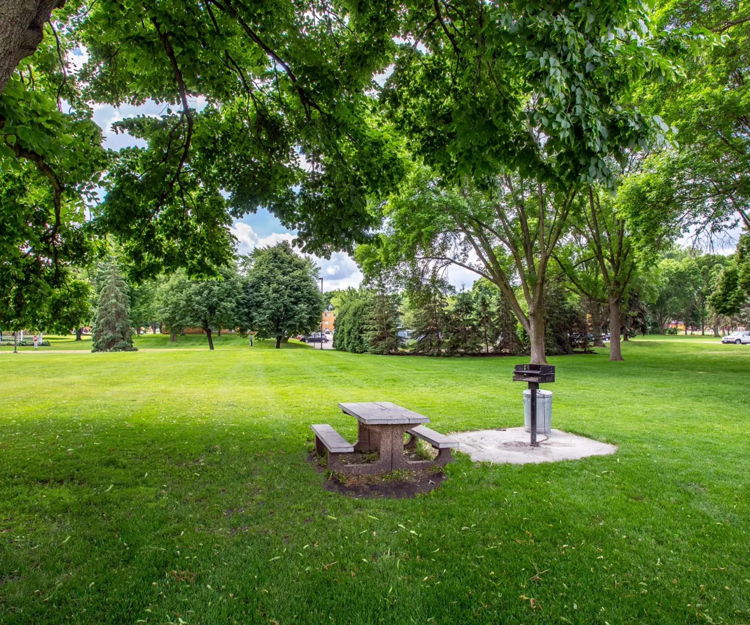 Aeon Affordable Homes A park scene with a picnic table, barbecue grill, and lush green trees under a cloudy sky.