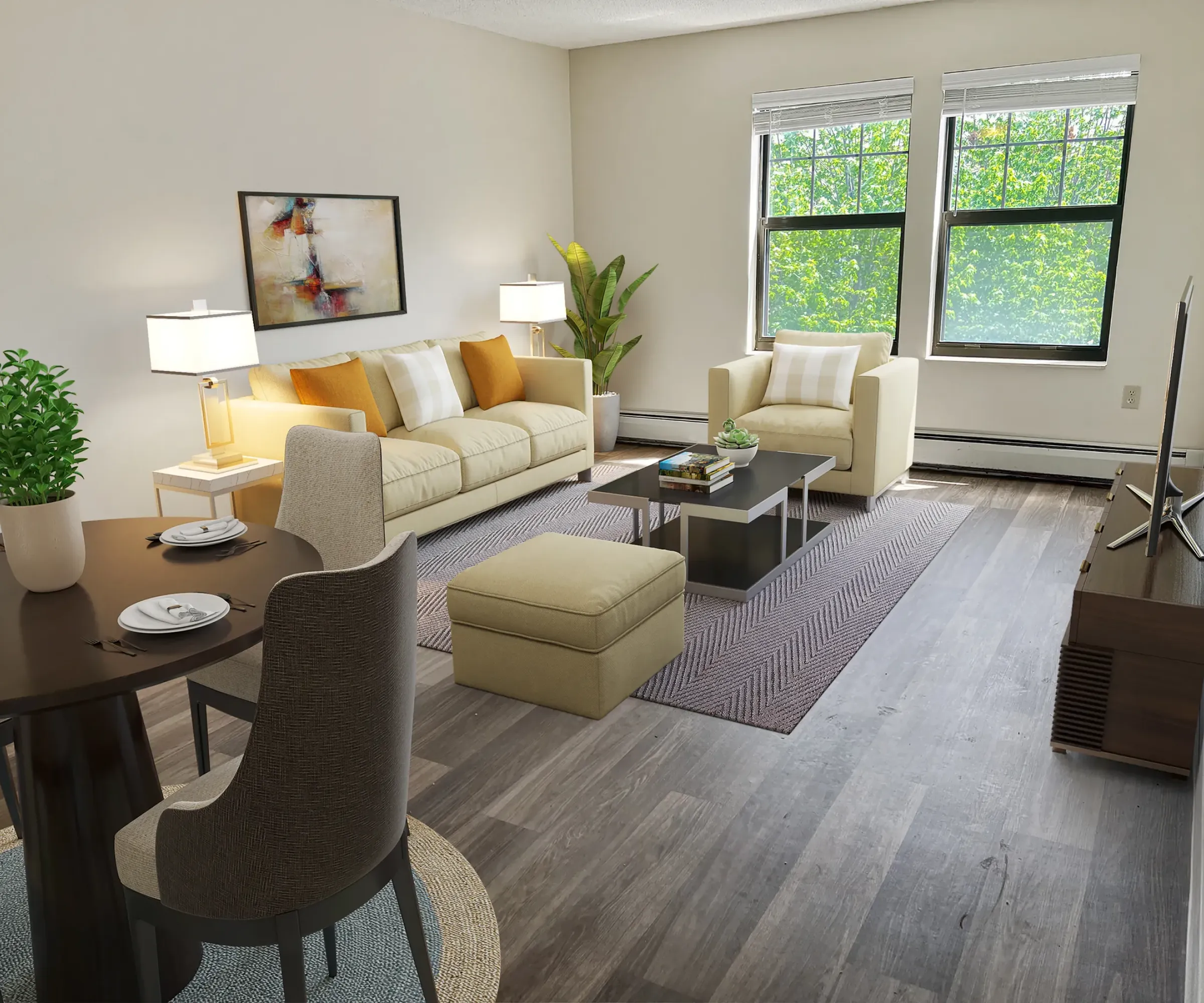 Aeon Affordable Homes and Community Modern living room in affordable apartment homes, featuring a beige sofa, yellow cushions, TV, dining table, and large windows with greenery views.