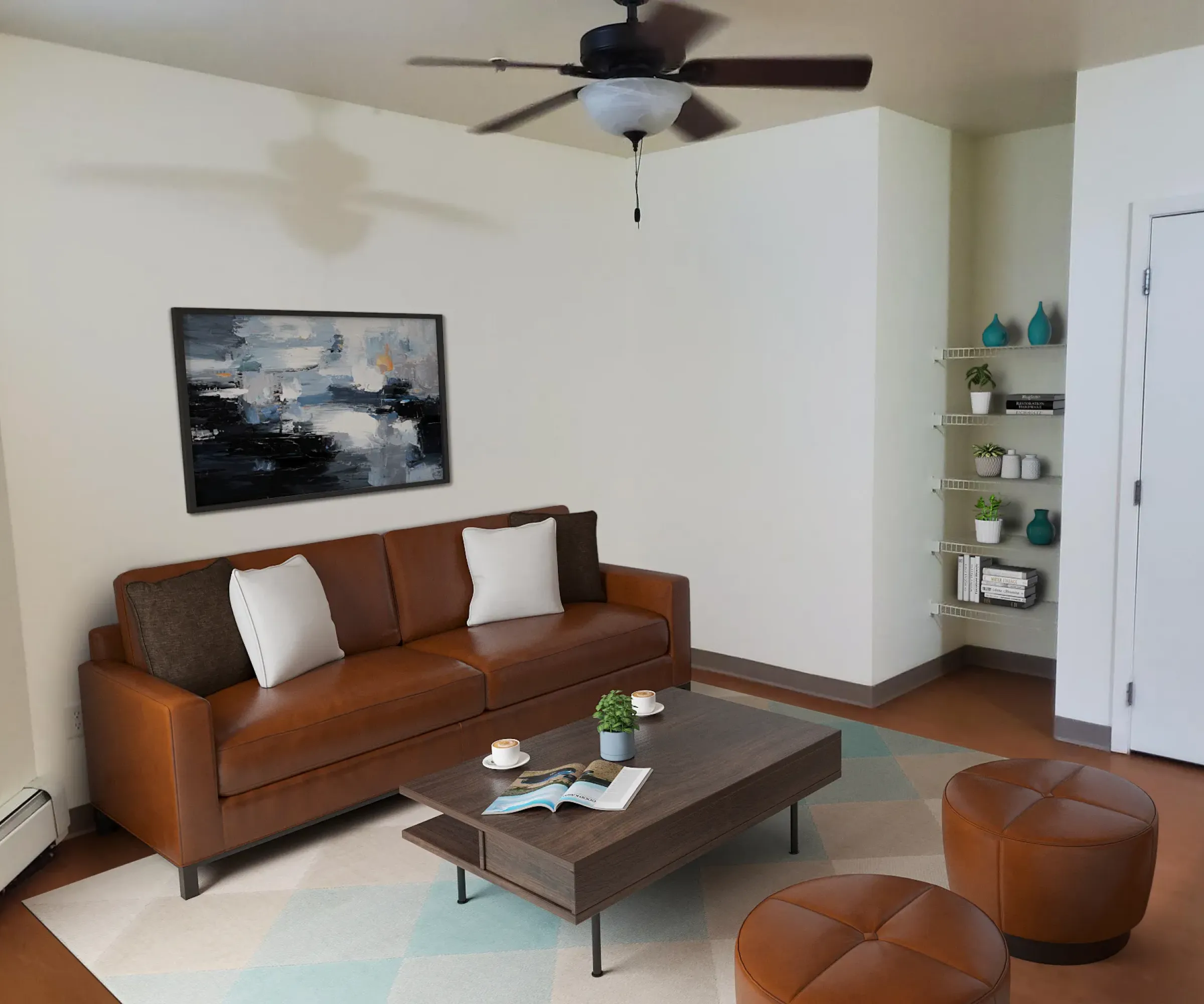 Aeon Affordable Homes and Community Living room in affordable apartment homes featuring a brown sofa, coffee table, ottomans, abstract painting, ceiling fan, and decor-laden shelves.