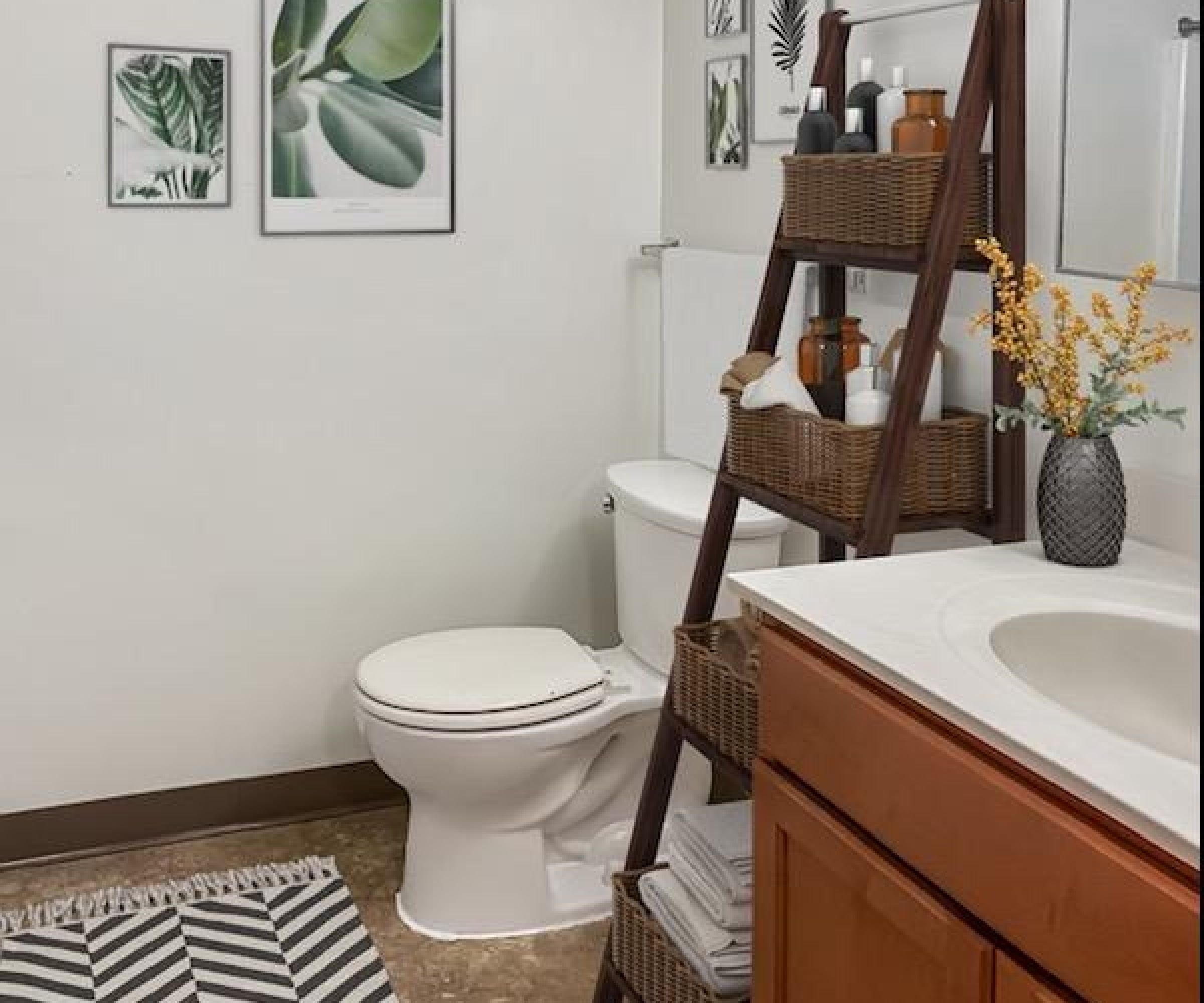 Aeon Affordable Homes and Community Affordable apartment home bathroom with wooden shelf, leafy wall art, striped rug, sink with cabinet, and decorative items.