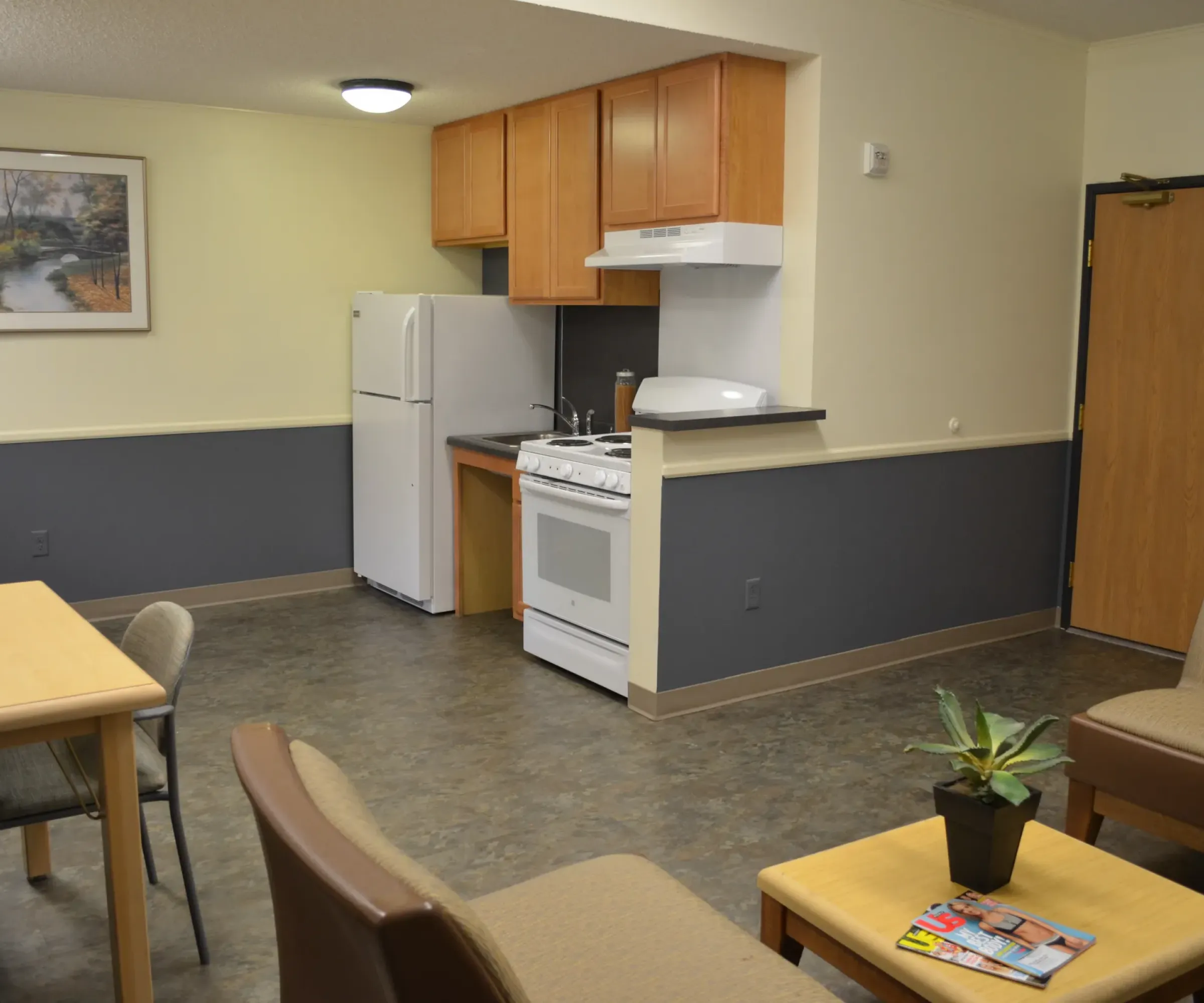 Aeon Affordable Homes and Community Community space in affordable apartment homes with kitchen, table, chairs, white fridge, stove, painting, and plant on a small table.