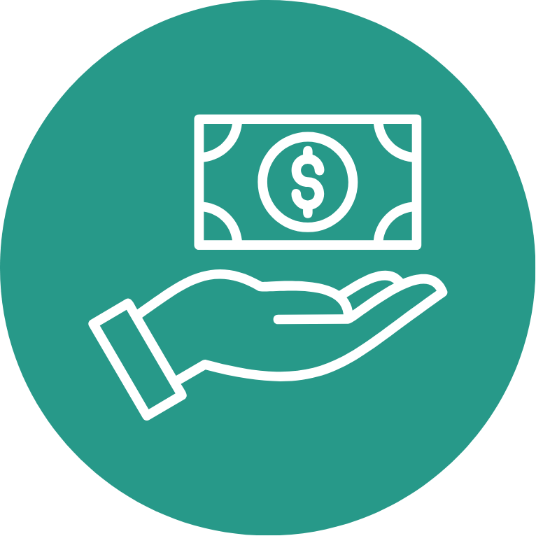 Aeon Affordable Homes Outline of a hand holding a dollar bill inside a green circle, representing payment or financial transaction.
