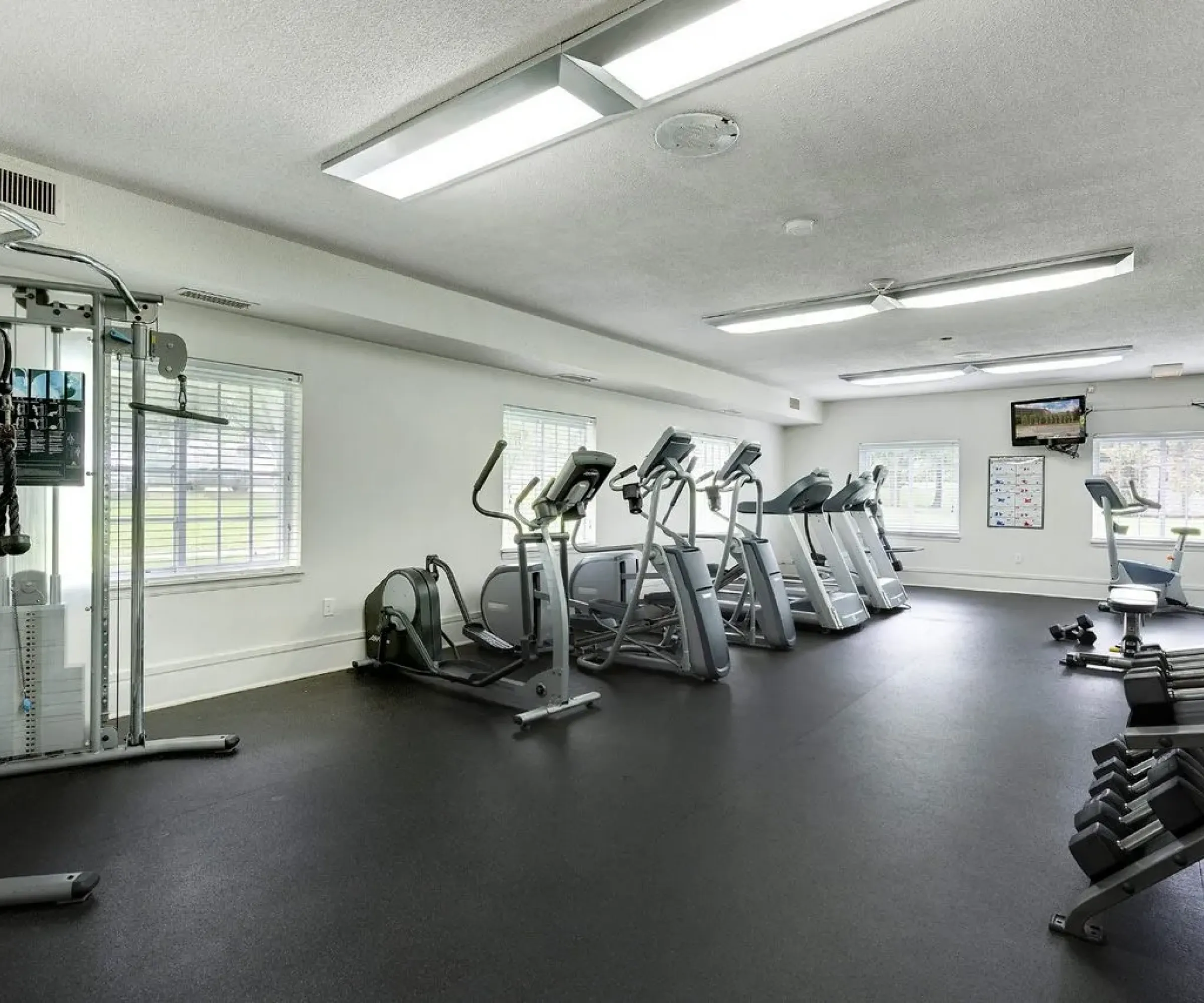 Aeon Affordable Homes A gym in Blooming Meadows South with exercise machines, weights, and cardio equipment in a well-lit room with windows and a TV.