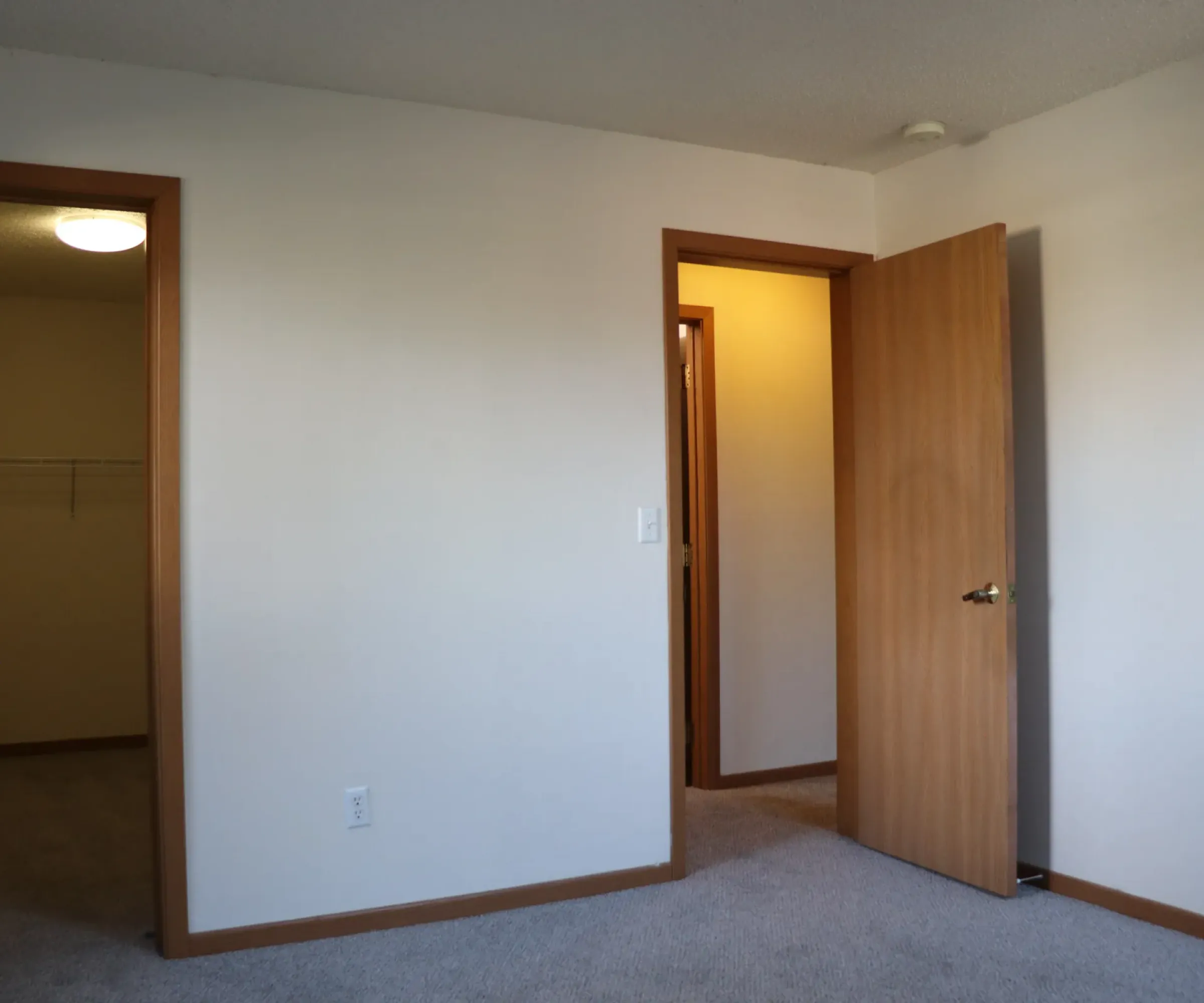 Aeon Affordable Homes and Community Affordable apartment homes with an empty room featuring a beige carpet, white walls, and two open wooden doors to the hallway and walk-in closet.