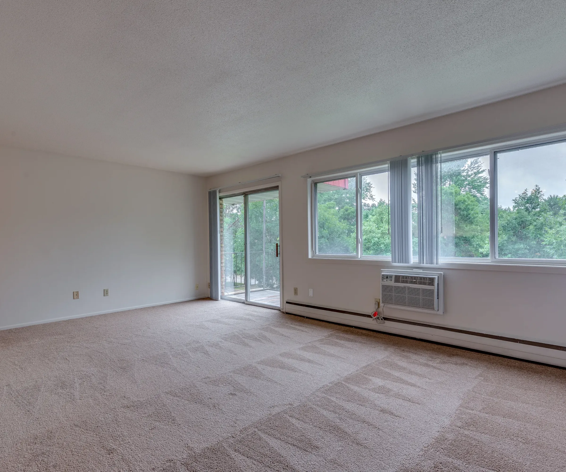 Aeon Affordable Homes and Community Affordable apartment homes featuring an empty carpeted room with large windows, air conditioner, and a sliding door to a balcony with a greenery view.