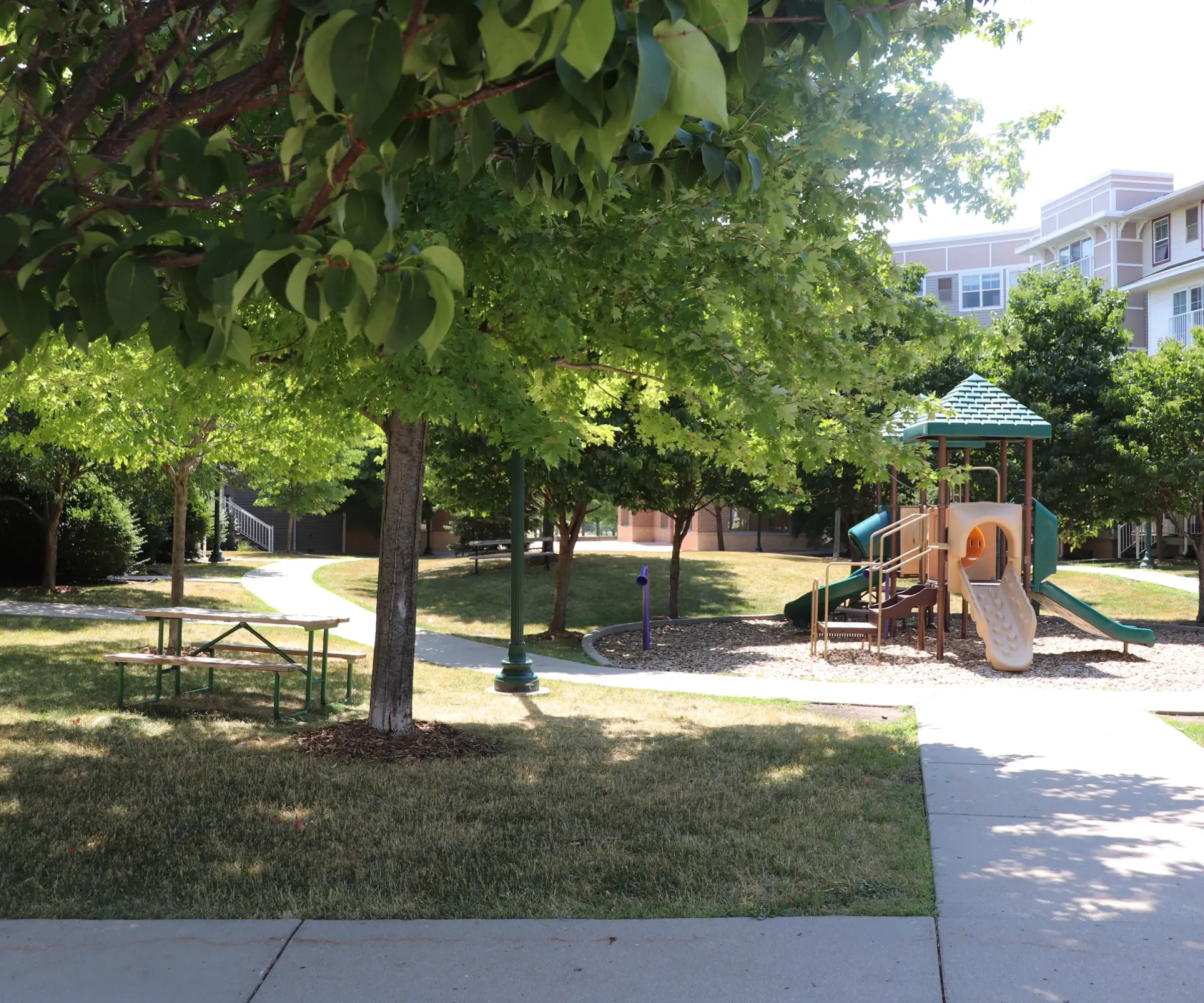 Aeon Affordable Homes and Community A sunny playground with slides and climbing features is nestled among trees and paths, ideal for nearby affordable apartment homes.