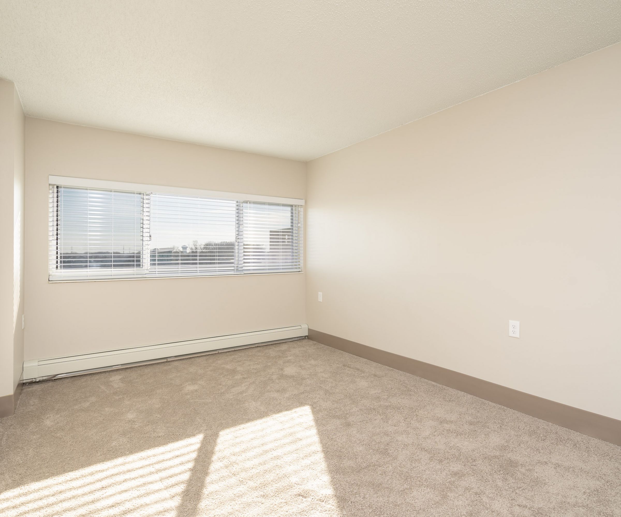 Aeon Affordable Homes and Community Affordable apartment homes feature empty rooms with beige walls, carpeted floors, and large windows with blinds letting in sunlight.