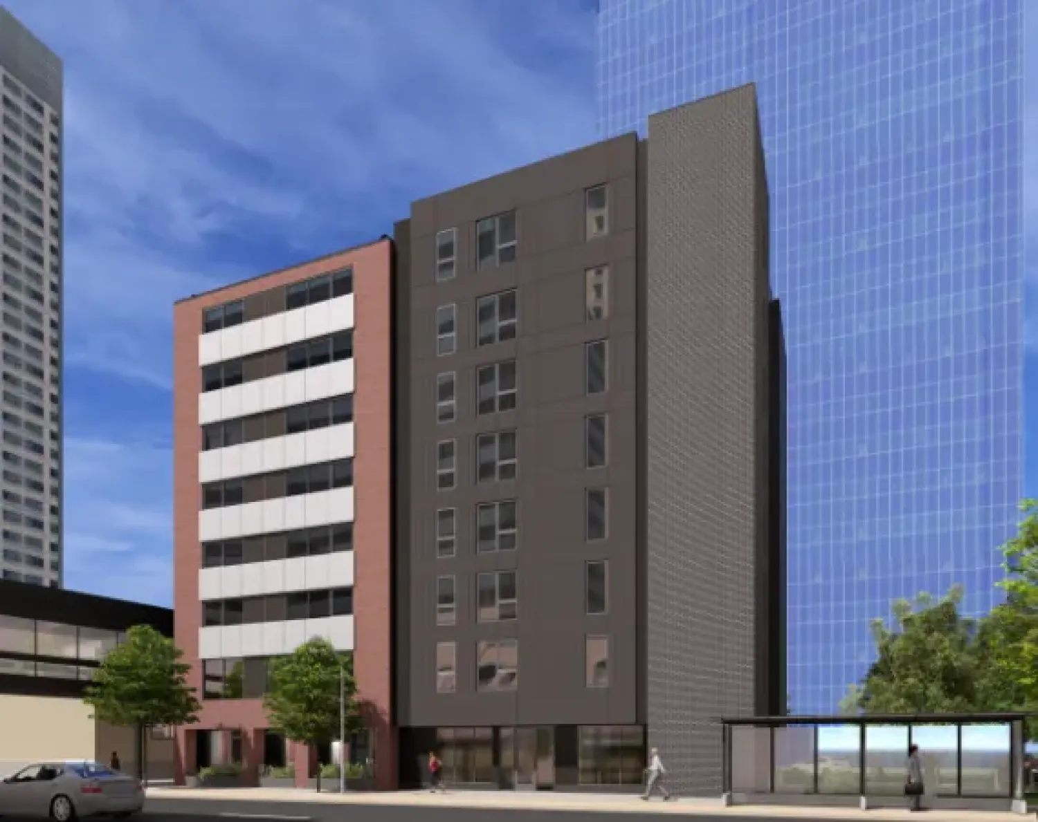 Aeon Affordable Homes A modern mid-rise building with glass and brick facades, adjacent to taller skyscrapers under a clear blue sky.