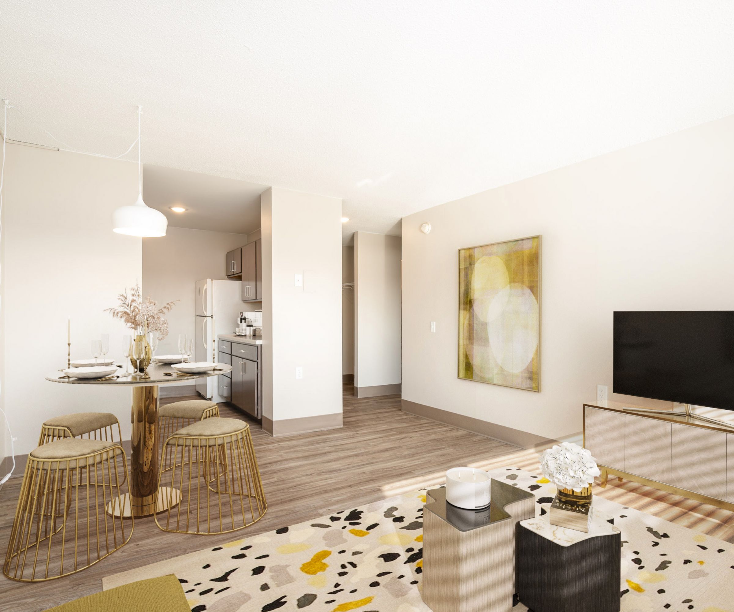 Aeon Affordable Homes and Community Modern living room in affordable apartment homes with a TV, abstract art, dining table with wicker chairs, and decorative plants on a patterned rug.