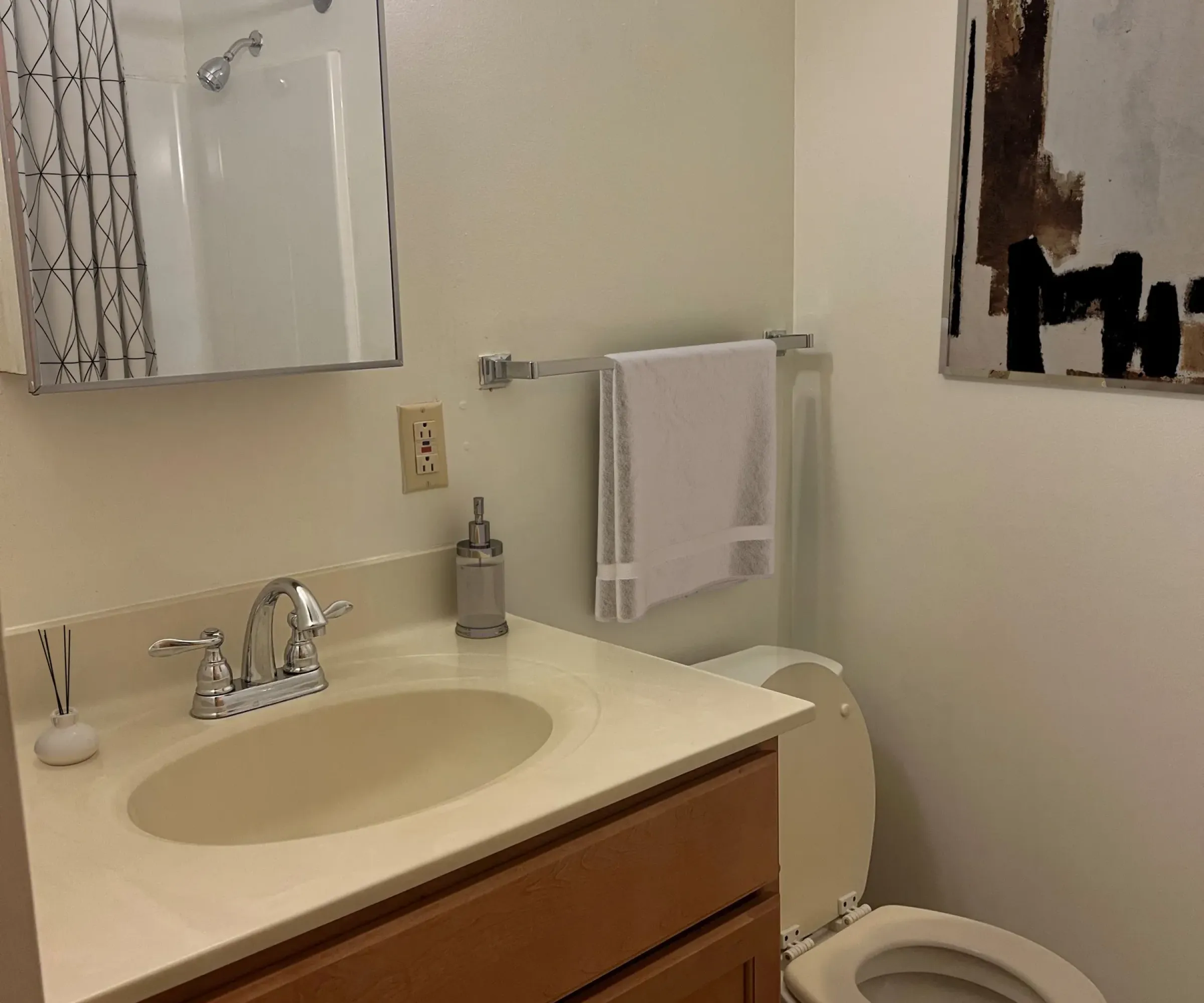 Aeon Affordable Homes and Community Affordable apartment homes feature a bathroom with a sink, mirror, towel rack, toilet, abstract wall art, and a shower curtain in the background.