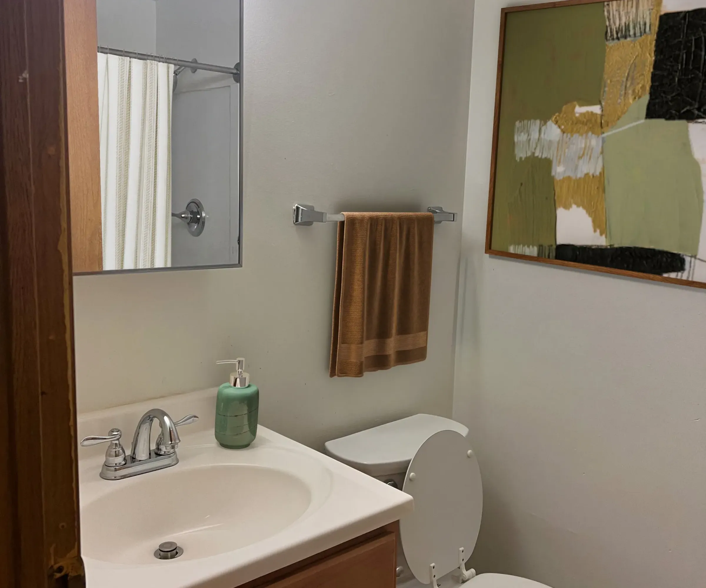 Aeon Affordable Homes and Community Affordable apartment homes boasting a small bathroom with a sink, mirror, toilet, towel rack, abstract painting, and shower curtain.