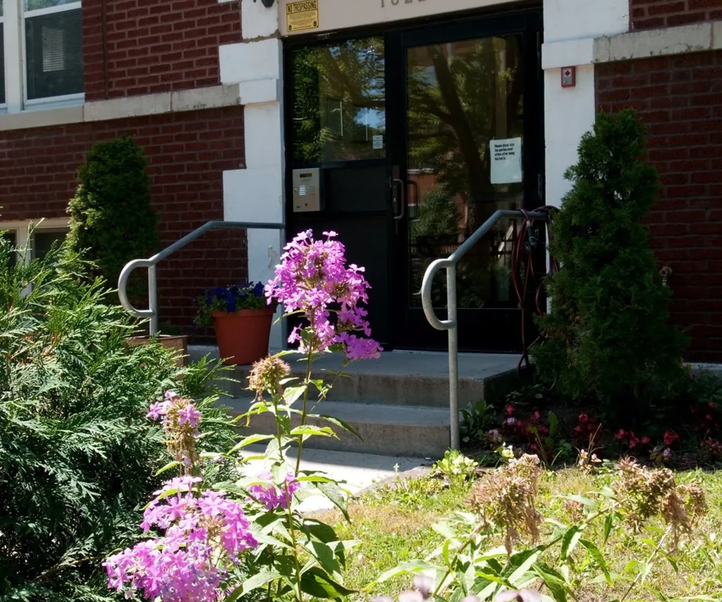 Aeon Affordable Homes Brick building entrance with purple flowers and greenery in the foreground.