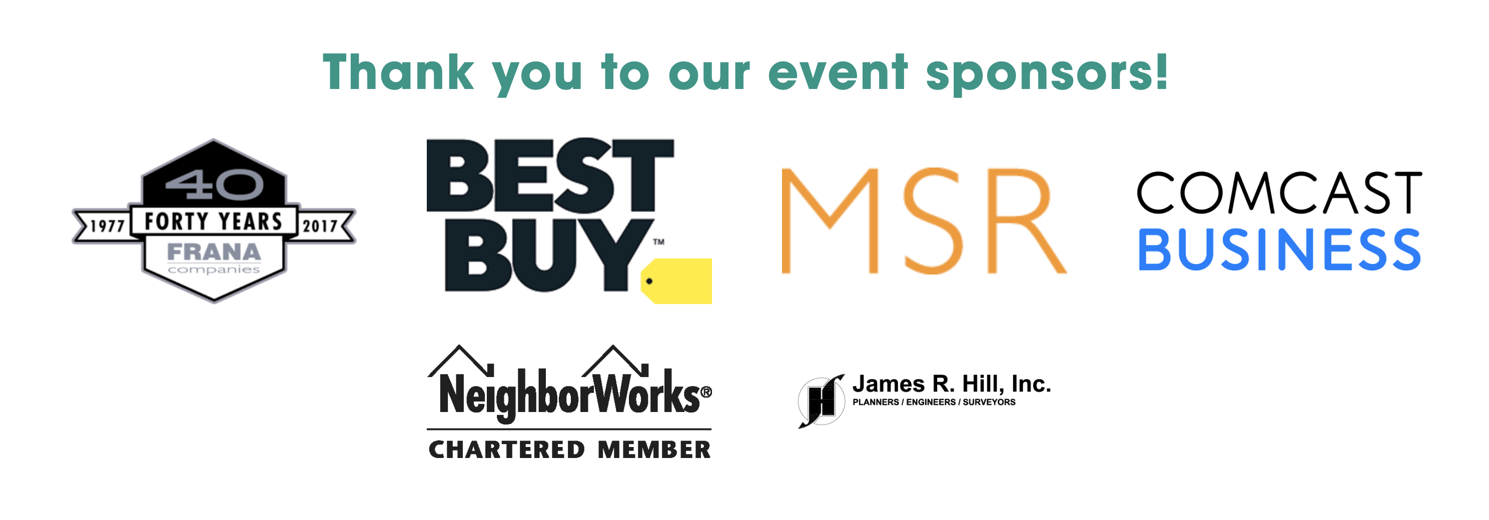 Aeon Affordable Homes and Community Logos of event sponsors: Frana, Best Buy, MSR, Comcast Business, NeighborWorks, and James R. Hill, Inc.