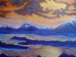Aeon Affordable Homes Matthew's story unfolds in a colorful landscape of snow-capped mountains and a river beneath a vibrant sunset sky.