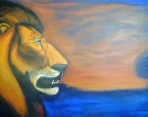 Aeon Affordable Homes In Matthew's story, a lion gazes across a sunset landscape with an orange sky and blue water.