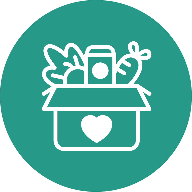 Aeon Affordable Homes White line drawing of a food box with a heart, veggies, and a can on a green circular background.