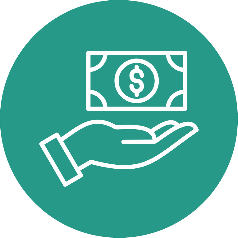 Aeon Affordable Homes Outline of a hand holding a dollar bill inside a green circle, representing payment or financial transaction.